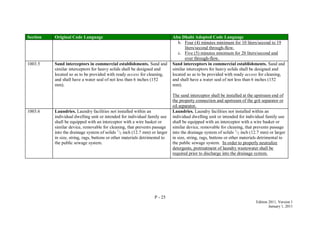 P - 25
Edition 2011, Version 1
January 1, 2011
Section Original Code Language Abu Dhabi Adopted Code Language
b. Four (4) minutes minimum for 10 liters/second to 19
liters/second through-flow.
c. Five (5) minutes minimum for 20 liters/second and
over through-flow.
1003.5 Sand interceptors in commercial establishments. Sand and
similar interceptors for heavy solids shall be designed and
located so as to be provided with ready access for cleaning,
and shall have a water seal of not less than 6 inches (152
mm).
Sand interceptors in commercial establishments. Sand and
similar interceptors for heavy solids shall be designed and
located so as to be provided with ready access for cleaning,
and shall have a water seal of not less than 6 inches (152
mm).
The sand interceptor shall be installed at the upstream end of
the property connection and upstream of the grit separator or
oil separator.
1003.6 Laundries. Laundry facilities not installed within an
individual dwelling unit or intended for individual family use
shall be equipped with an interceptor with a wire basket or
similar device, removable for cleaning, that prevents passage
into the drainage system of solids 1
/2 inch (12.7 mm) or larger
in size, string, rags, buttons or other materials detrimental to
the public sewage system.
Laundries. Laundry facilities not installed within an
individual dwelling unit or intended for individual family use
shall be equipped with an interceptor with a wire basket or
similar device, removable for cleaning, that prevents passage
into the drainage system of solids 1
/2 inch (12.7 mm) or larger
in size, string, rags, buttons or other materials detrimental to
the public sewage system. In order to properly neutralize
detergents, pretreatment of laundry wastewater shall be
required prior to discharge into the drainage system.
 