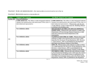 S - 3
Edition 2011, Version 1
January 1, 2011
CHAPTER 1 – SCOPE AND ADMINISTRATION – (NOT ADOPTED, REPLACED WITH GUIDE SECTION 1, PART A)
CHAPTER 2 – DEFINITIONS (ADOPTED AS AMENDED BELOW)
Section Original Code Language Abu Dhabi Adopted Code Language
Section 202 – General Definitions
202
CODE OFFICIAL. The officer or other designated authority
charged with administration and enforcement of this code or a
duly authorized representative.
CODE OFFICIAL. The officer or other designated authority
charged with administration and enforcement of this code or a
duly authorized representative. Wherein this code the term
―Code Official‖ is used, it shall mean the ―Building Official‖
as defined in the building code.
New definition added. DEPARTMENT OF PRIVATE SEWAGE DISPOSAL
INSPECTION. Wherein this code reference is made to the
Department of Private Sewage Disposal Inspection, it shall
mean the Construction Permit Department of the
municipality.
New definition added. NATIONAL ELECTRICAL CODE. Wherein these codes
reference is made to the National Electrical Code, it shall
mean the The Electricity Wiring Regulations 2007, Revision
1, dated January, 2009, as promulgated by the Regulation
and Supervision Bureau, Emirate of Abu Dhabi.
New definition added. NFPA 70. Wherein these codes reference is made to NFPA
70, it shall mean the The Electricity Wiring Regulations 2007,
Revision 1, dated January, 2009, as promulgated by the
Regulation and Supervision Bureau, Emirate of Abu Dhabi.
New definition added PLUMBING CODE. Wherein this code reference is made
to the International Plumbing Code it shall mean the Uniform
Plumbing Code of Abu Dhabi Emirate as published by the
Abu Dhabi Environmental Agency and or the Water Quality
Regulations, January 2009, as published by the Regulation
 