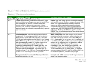 S - 7
Edition 2011, Version 1
January 1, 2011
CHAPTER 7 – PRESSURE DISTRIBUTION SYSTEMS (ADOPTED, NO AMENDMENTS)
CHAPTER 8 – TANKS (ADOPTED AS AMENDED BELOW)
Section Original Code Language Abu Dhabi Adopted Code Language
Section 802 – Septic Tanks And Other Treatment Tanks
802.1 General. Septic tanks shall be fabricated or constructed ofwelded
steel, monolithic concrete, fiberglass or an approved material. Tanks
shall be water tight and fabricated to constitute an individual
structure, and shall be designed and constructedto withstand
anticipated loads. The design ofprefabricated septic tanks shall be
approved. Plans for site-constructed concrete tanks shall be approved
prior to construction.
General. Septic tanks shall be fabricated or constructed ofwelded
steel, monolithic concrete, fiberglass or an approved material. Tanks
shall be water tight and fabricated to constitute an individual
structure, and shall be designed and constructedto withstand
anticipated loads. Holding tanks shall be designed to withstand
vehicular traffic loads when subject to such due to proximityofroads
or driveways. The design ofprefabricated septic tanks shall be
approved. Plans for site-constructed concrete tanks shall be approved
prior to construction.
802.2 Design of septic tanks. Septic tanks shall have not less than two
compartments. The inlet compartment shall be not less than two-
thirds ofthe totalcapacityofthe tank, not less than a 500-gallon
(1893 L) liquid capacityand not less than 3 feet (914 mm) wide and
5 feet (1524 mm) long. The secondarycompartment ofa septic tank
shall have not less than a capacityof250 gallons (946 L) and not
more than one-third ofthe totalcapacity. The secondary
compartment ofseptic tanks having a capacity more than 1,500
gallons (5678 L) shall be not less than 5 feet (1524 mm) long.
The liquid depth shall be not less than 30 inches (762 mm) and a
maximum average of6 feet (1829 mm). The totaldepthshall be not
less than 8 inches (203 mm) greaterthan the liquid depth.
Rectangular tanks shall be constructed with the longest dimensions
parallel to the direction ofthe flow.
Design of septic tanks. Septic tanks shall have not less than two
compartments. The inlet compartment shall be not less than two-
thirds ofthe totalcapacityofthe tank, not less than a 500-gallon
(1893 L) liquid capacityand not less than 3 feet (914 mm) wide and
5 feet (1524 mm) long. The secondarycompartment ofa septic tank
shall have not less than a capacityof250 gallons (946 L) and not
more than one-third ofthe totalcapacity. The secondary
compartment ofseptic tanks having a capacity more than 1,500
gallons (5678 L) shall be not less than 5 feet (1524 mm) long.
The liquid depth shall be not less than 30 inches (762 mm) and a
maximum average of6 feet (1829 mm). The totaldepthshall be not
less than 8 inches (203 mm) greaterthan the liquid depth.
Rectangular tanks shall be constructed with the longest dimensions
parallel to the direction ofthe flow.
 
