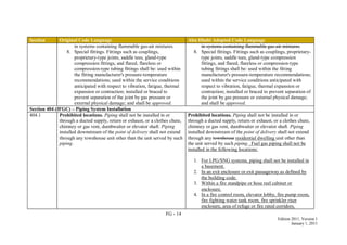 FG - 14
Edition 2011, Version 1
January 1, 2011
Section Original Code Language Abu Dhabi Adopted Code Language
in systems containing flammable gas-air mixtures.
8. Special fittings. Fittings such as couplings,
proprietary-type joints, saddle tees, gland-type
compression fittings, and flared, flareless or
compression-type tubing fittings shall be: used within
the fitting manufacturer's pressure-temperature
recommendations; used within the service conditions
anticipated with respect to vibration, fatigue, thermal
expansion or contraction; installed or braced to
prevent separation of the joint by gas pressure or
external physical damage; and shall be approved.
in systems containing flammable gas-air mixtures.
8. Special fittings. Fittings such as couplings, proprietary-
type joints, saddle tees, gland-type compression
fittings, and flared, flareless or compression-type
tubing fittings shall be: used within the fitting
manufacturer's pressure-temperature recommendations;
used within the service conditions anticipated with
respect to vibration, fatigue, thermal expansion or
contraction; installed or braced to prevent separation of
the joint by gas pressure or external physical damage;
and shall be approved.
Section 404 (IFGC) – Piping System Installation
404.1 Prohibited locations. Piping shall not be installed in or
through a ducted supply, return or exhaust, or a clothes chute,
chimney or gas vent, dumbwaiter or elevator shaft. Piping
installed downstream of the point of delivery shall not extend
through any townhouse unit other than the unit served by such
piping.
Prohibited locations. Piping shall not be installed in or
through a ducted supply, return or exhaust, or a clothes chute,
chimney or gas vent, dumbwaiter or elevator shaft. Piping
installed downstream of the point of delivery shall not extend
through any townhouse residential dwelling unit other than
the unit served by such piping. Fuel gas piping shall not be
installed in the following locations:
1. For LPG/SNG systems, piping shall not be installed in
a basement.
2. In an exit enclosure or exit passageway as defined by
the building code.
3. Within a fire standpipe or hose reel cabinet or
enclosure.
4. In a fire control room, elevator lobby, fire pump room,
fire fighting water tank room, fire sprinkler riser
enclosure, area of refuge or fire rated corridors.
 