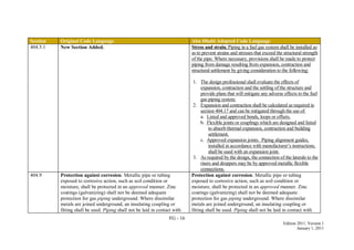 FG - 16
Edition 2011, Version 1
January 1, 2011
Section Original Code Language Abu Dhabi Adopted Code Language
404.5.1 New Section Added. Stress and strain. Piping in a fuel gas system shall be installed so
as to prevent strains and stresses that exceed the structural strength
of the pipe. Where necessary, provisions shall be made to protect
piping from damage resulting from expansion, contraction and
structural settlement by giving consideration to the following:
1. The design professional shall evaluate the effects of
expansion, contraction and the settling of the structure and
provide plans that will mitigate any adverse effects to the fuel
gas piping system.
2. Expansion and contraction shall be calculated as required in
section 404.17 and can be mitigated through the use of:
a. Listed and approved bends, loops or offsets.
b. Flexible joints or couplings which are designed and listed
to absorb thermal expansion, contraction and building
settlement.
c. Approved expansion joints. Piping alignment guides,
installed in accordance with manufacturer’s instructions,
shall be used with an expansion joint.
3. As required by the design, the connection of the laterals to the
risers and droppers may be by approved metallic flexible
connections.
404.9 Protection against corrosion. Metallic pipe or tubing
exposed to corrosive action, such as soil condition or
moisture, shall be protected in an approved manner. Zinc
coatings (galvanizing) shall not be deemed adequate
protection for gas piping underground. Where dissimilar
metals are joined underground, an insulating coupling or
fitting shall be used. Piping shall not be laid in contact with
Protection against corrosion. Metallic pipe or tubing
exposed to corrosive action, such as soil condition or
moisture, shall be protected in an approved manner. Zinc
coatings (galvanizing) shall not be deemed adequate
protection for gas piping underground. Where dissimilar
metals are joined underground, an insulating coupling or
fitting shall be used. Piping shall not be laid in contact with
 