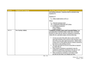 FG - 18
Edition 2011, Version 1
January 1, 2011
Section Original Code Language Abu Dhabi Adopted Code Language
and building settlement. Expansion shall be calculated using
Equation 4-3.
Equation 4-3
Ex = [Pipe Length (mm)] x (ΔT) x α
Where:
Ex = Thermal expansion (mm)
ΔT = Temperature differential, 40o
Celsius
α = Coefficient of expansion;
Steel, 0.000013
Copper, 0.000017
404.18 New Section Added. Ventilation of Shafts, Ducts and Concealed Piping. Fuel
gas piping that is installed within a shaft, duct, concealed
location or when sleeved, shall be ventilated as required by
Table 403.10.1 and shall comply with the following:
1. At least one end of the shaft, duct or sleeve shall be
open and terminate at the exterior of the structure, at an
area OTS or any other approved location. Shafts which
contain LPG or SNG piping shall be vented or ducted at
the bottom to the building exterior.
2. The open end shall not be less in area than as required
by Table 404.18.
3. When natural ventilation is permitted, it may be
supplied by infiltration calculated at the rate of 7 cm2
per m3
of volume of the space being ventilated.
4. When mechanical ventilation is provided it shall
provide not less than 2 air changes per hour.
 