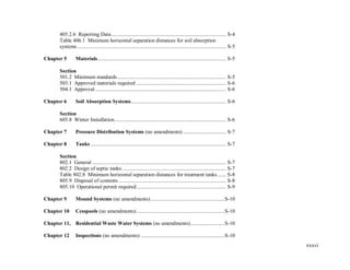 xxxvi
405.2.6 Reporting Data ................................................................................... S-4
Table 406.1 Minimum horizontal separation distances for soil absorption
systems ............................................................................................................ S-5
Chapter 5 Materials............................................................................................. S-5
Section
501.2 Minimum standards............................................................................... S-5
503.1 Approved materials required ................................................................. S-6
504.1 Approval............................................................................................... S-6
Chapter 6 Soil Absorption Systems..................................................................... S-6
Section
605.8 Winter Installation................................................................................. S-6
Chapter 7 Pressure Distribution Systems (no amendments) ............................... S-7
Chapter 8 Tanks .................................................................................................. S-7
Section
802.1 General ................................................................................................. S-7
802.2 Design of septic tanks............................................................................ S-7
Table 802.8 Minimum horizontal separation distances for treatment tanks ...... S-8
805.9 Disposal of contents .............................................................................. S-8
805.10 Operational permit required................................................................. S-9
Chapter 9 Mound Systems (no amendments)......................................................S-10
Chapter 10 Cesspools (no amendments)................................................................S-10
Chapter 11, Residential Waste Water Systems (no amendments).........................S-10
Chapter 12 Inspections (no amendments) .............................................................S-10
 