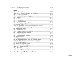 xxxviii
Chapter 4 Gas Piping Installations ...................................................................FG-8
Section
402.2.1 Diversity factor.................................................................................FG-8
Table 402.2.1 Diversity factors for gas appliances.........................................FG-9
402.5.1 Altitude adjustment ........................................................................FG-10
402.6 Maximum design operating pressure .................................................FG-10
403.1 General .............................................................................................FG-11
403.4.2 Steel...............................................................................................FG-11
403.4.4 Aluminum......................................................................................FG-11
403.5.3 Aluminum tubing ...........................................................................FG-11
403.6 Plastic pipe, tubing and fittings..........................................................FG-12
403.10.1 Pipe joints.....................................................................................FG-12
Table 403.10.1 Piping location, operating pressure, material,
ventilation, jointing and testing.........................................................FG-12
403.10.4 Metallic fittings ............................................................................FG-13
404.1 Prohibited locations...........................................................................FG-14
404.2 Piping in solid partitions and walls ....................................................FG-15
404.3 Piping in concealed locations ............................................................FG-15
404.5.1 Stress and strain..............................................................................FG-16
404.9 Protection against corrosion...............................................................FG-16
404.15.1 Limitations ...................................................................................FG-17
404.17 Expansion, contraction and settlement .............................................FG-17
404.18 Ventilation of shafts, ducts and concealed piping.............................FG-18
Table 404.18 Ventilation of concealed fuel gas piping ................................FG-19
404.19 Testing of piping .............................................................................FG-19
404.20 Gas leak detection system................................................................FG-19
411.1.1 Commercial cooking appliances .....................................................FG-21
Table 415.1 Support of piping.....................................................................FG-22
415.2 Duct sizing........................................................................................FG-23
Table 415.2 Required duct size ...................................................................FG-23
Chapter 5 Chimney and Vents (no amendments) ............................................FG-24
 
