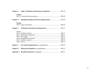 xl
Chapter 4 Light, Ventilation and Occupancy Limitations............................ PM-10
Section
402.2 Common halls and stairways ............................................................ PM-10
Chapter 5 Plumbing Facilities and Fixture Requirements............................ PM-10
Section
506.3 Grease interceptors...........................................................................PM-10
Chapter 6 Mechanical and Electrical Requirements.....................................PM-11
Section
602.1 Facilities required............................................................................. PM-11
602.2 Residential occupancies....................................................................PM-11
602.3 Heat supply ...................................................................................... PM-11
602.4 Occupiable work spaces ...................................................................PM-12
604.1 Facilities required............................................................................. PM-12
604.2 Service ............................................................................................. PM-13
Chapter 7 Fire Safety Requirements (no amendments)..................................PM-13
Chapter 8 Referenced Standards (no amendments)........................................PM-13
Appendix A Boarding Standard (not adopted) .................................................. PM-13
 