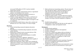 A - 13
Edition 2011, Version 1
January 1, 2011
not exceed 5,000 gallons (18 925 L) and are installed
entirely above ground.
9. Shade cloth structures constructed for nursery or agricultural
purposes, not including service systems.
10. Swings and other playground equipment accessory to
detached one- and two-family dwellings.
11. Window awnings supported by an exterior wall that do not
project more than 54 inches (1372 mm) from the exterior
wall and do not require additional support of Groups R-3 and
U occupancies.
12. Non-fixed and movable fixtures, cases, racks, counters and
partitions not over 5 feet 9 inches (1753 mm) in height.
Electrical:
1. Listed cord-and plug-connected temporary decorative
lighting.
2. Reinstallations of attachment plug receptacles, but not the
outlets therefore.
3. Replacement of branch circuit overcurrent devices of the
required capacity in the same location.
4. Temporary wiring for experimental purposes in suitable
experimental laboratories.
5. Electrical wiring, devices, appliances, apparatus or
equipment operating at less than 25 volts and not capable of
supplying more than 50 watts of energy.
6. Repairs and maintenance: Minor repair work, including the
replacement of lamps or the connection of approved portable
electrical equipment to approved permanently installed
receptacles.
7. Radio and television transmitting stations: The provisions of
this code shall not apply to electrical equipment used for
radio and television transmissions, but do apply to
equipment and wiring for a power supply and the
installations of towers and antennas.
8. Temporary testing systems: A permit shall not be required
for the installation of any temporary system required for the
testing or servicing of electrical equipment or apparatus.
Gas:
1. Portable heating appliance.
2. Replacement of any minor part that does not alter approval
of equipment or make such equipment unsafe.
Mechanical:
1. Portable heating appliance.
2. Portable ventilation appliances and equipment.
3. Portable cooling unit.
4. Steam, hot or chilled water piping within any heating or
cooling equipment or appliances regulated by this code.
5. Replacement of any minor part that does not alter its the
approval of equipment or an appliance or make it such
equipment or appliance unsafe.
6. Portable evaporative cooler.
7. Self-contained refrigeration system containing 10 pounds (5
kg) or less of refrigerant and actuated by motors of 1
horsepower (746 W) or less.
8. Portable fuel cell appliances that are not connected to a fixed
piping system and are not interconnected to a power grid.
 