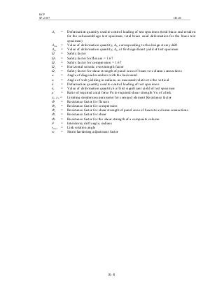 BCP
SP-2007 CH-08
8- 4
∆b = Deformation quantity used to control loading of test specimen (total brace end rotation
for the subassemblage test specimen; total brace axial deformation for the brace test
specimen)
∆bm = Value of deformation quantity, ∆b, corresponding to the design storey drift
∆by = Value of deformation quantity, ∆b, at first significant yield of test specimen
Ω = Safety factor
Ωb = Safety factor for flexure = 1.67
Ωc = Safety factor for compression = 1.67
Ωo = Horizontal seismic overstrength factor
Ωv = Safety factor for shear strength of panel zone of beam-to-column connections
α = Angle of diagonal members with the horizontal
α = Angle of web yielding in radians, as measured relative to the vertical
δ = Deformation quantity used to control loading of test specimen
δy = Value of deformation quantity δ at first significant yield of test specimen
ρ’ = Ratio of required axial force Pu to required shear strength Vu of a link
λp, λp = Limiting slenderness parameter for compact element Resistance factor
Ф = Resistance factor for flexure
Фb = Resistance factor for compression
Фc = Resistance factor for shear strength of panel zone of beam-to-column connections
Фv = Resistance factor for shear
Фv = Resistance factor for the shear strength of a composite column
θ = Interstorey drift angle, radians
γtotal = Link rotation angle
ω = Strain hardening adjustment factor
 