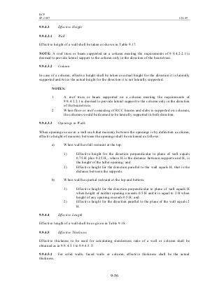 BCP
SP-2007 CH-09
9-56
9.9.4.3 Effective Height
9.9.4.3.1 Wall
Effective height of a wall shall be taken as shown in Table 9.17.
NOTE: A roof truss or beam supported on a column meeting the requirements of 9.9.4.2.2.1 is
deemed to provide lateral support to the column only in the direction of the beam/truss.
9.9.4.3.2 Column
In case of a column, effective height shall be taken as actual height for the direction it is laterally
supported and twice the actual height for the direction it is not laterally supported.
NOTES:
1 A roof truss or beam supported on a column meeting the requirements of
9.9.4.2.2.1 is deemed to provide lateral support to the column only in the direction
of the beam/truss.
2 When floor or roof consisting of RCC beams and slabs is supported on columns,
the columns would be deemed to be laterally supported in both direction.
9.9.4.3.3 Openings in Walls
When openings occur in a wall such that masonry between the openings is by definition a column,
effective height of masonry between the openings shall be reckoned as follows:
a) When wall has full restraint at the top:
1) Effective height for the direction perpendicular to plane of wall equals
0.75 H plus 0.25 H1, where H is the distance between supports and H1 is
the height of the taller opening; and
2) Effective height for the direction parallel to the wall equals H, that is the
distance between the supports.
b) When wall has partial restraint at the top and bottom:
1) Effective height for the direction perpendicular to plane of wall equals H
when height of neither opening exceeds 0.5 H and it is equal to 2 H when
height of any opening exceeds 0.5 H; and
2) Effective height for the direction parallel to the plane of the wall equals 2
H.
9.9.4.4 Effective Length
Effective length of a wall shall be as given in Table 9.18.
9.9.4.5 Effective Thickness
Effective thickness to be used for calculating slenderness ratio of a wall or column shall be
obtained as in 9.9.4.5.1 to 9.9.4.5.5.
9.9.4.5.1 For solid walls, faced walls or column, effective thickness shall be the actual
thickness.
 