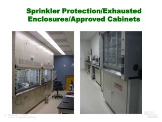 Sprinkler Protection/Exhausted
                          Enclosures/Approved Cabinets




16   Managed by UT-Battelle
     for the U.S. Department of Energy
 
