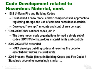 Code Development related to
     Hazardous Material, cont.
    • 1988 Uniform Fire and Building Codes
       – Established a “new model codes” comprehensive approach to
         regulating storage and use of common hazardous materials.
       – Developed “exempt” amounts and control area concept
    • 1994-2000 Other national codes join in
       – The three model code organizations formed a single set of
         codes (IBC/IFC) for hazardous material limits and controls
    • 2000-2003 NFPA expanded
       – NFPA develops building code and re-writes fire code to
         establish hazardous material limits
    • 2006-Present: MAQs (limits) in Building Codes and Fire Codes /
      Standards becoming increasingly similar….
5   Managed by UT-Battelle
    for the U.S. Department of Energy
 