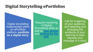 Digital storytelling
implemented within
an ePortfolio
platform- portfolio
as a digital story.
Require mastering
of Digital...
