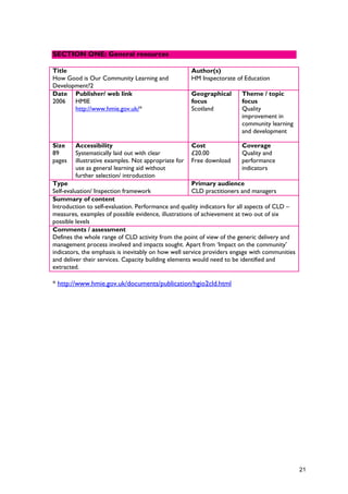 SECTION ONE: General resources
Title
How Good is Our Community Learning and
Development?2
Author(s)
HM Inspectorate of Education
Date
2006
Publisher/ web link
HMIE
http://www.hmie.gov.uk/*
Geographical
focus
Scotland
Theme / topic
focus
Quality
improvement in
community learning
and development
Size
89
pages
Accessibility
Systematically laid out with clear
illustrative examples. Not appropriate for
use as general learning aid without
further selection/ introduction
Cost
£20.00
Free download
Coverage
Quality and
performance
indicators
Type
Self-evaluation/ Inspection framework
Primary audience
CLD practitioners and managers
Summary of content
Introduction to self-evaluation. Performance and quality indicators for all aspects of CLD –
measures, examples of possible evidence, illustrations of achievement at two out of six
possible levels
Comments / assessment
Defines the whole range of CLD activity from the point of view of the generic delivery and
management process involved and impacts sought. Apart from ‘Impact on the community’
indicators, the emphasis is inevitably on how well service providers engage with communities
and deliver their services. Capacity building elements would need to be identified and
extracted.
* http://www.hmie.gov.uk/documents/publication/hgio2cld.html
21
 