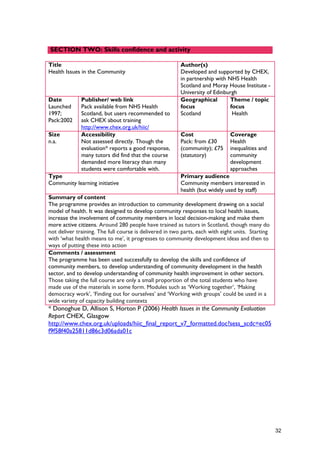 SECTION TWO: Skills confidence and activity
Title
Health Issues in the Community
Author(s)
Developed and supported by CHEX,
in partnership with NHS Health
Scotland and Moray House Institute -
University of Edinburgh
Date
Launched
1997;
Pack:2002
Publisher/ web link
Pack available from NHS Health
Scotland, but users recommended to
ask CHEX about training
http://www.chex.org.uk/hiic/
Geographical
focus
Scotland
Theme / topic
focus
Health
Size
n.a.
Accessibility
Not assessed directly. Though the
evaluation* reports a good response,
many tutors did find that the course
demanded more literacy than many
students were comfortable with.
Cost
Pack: from £30
(community); £75
(statutory)
Coverage
Health
inequalities and
community
development
approaches
Type
Community learning initiative
Primary audience
Community members interested in
health (but widely used by staff)
Summary of content
The programme provides an introduction to community development drawing on a social
model of health. It was designed to develop community responses to local health issues,
increase the involvement of community members in local decision-making and make them
more active citizens. Around 280 people have trained as tutors in Scotland, though many do
not deliver training. The full course is delivered in two parts, each with eight units. Starting
with ‘what health means to me’, it progresses to community development ideas and then to
ways of putting these into action
Comments / assessment
The programme has been used successfully to develop the skills and confidence of
community members, to develop understanding of community development in the health
sector, and to develop understanding of community health improvement in other sectors.
Those taking the full course are only a small proportion of the total students who have
made use of the materials in some form. Modules such as ‘Working together’, ‘Making
democracy work’, ‘Finding out for ourselves’ and ‘Working with groups’ could be used in a
wide variety of capacity building contexts
* Donoghue D, Allison S, Horton P (2006) Health Issues in the Community Evaluation
Report CHEX, Glasgow
http://www.chex.org.uk/uploads/hiic_final_report_v7_formatted.doc?sess_scdc=ec05
f9f58f40a25811d86c3d06ada01c
32
 