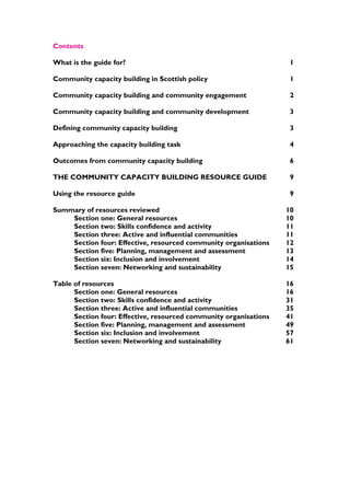 Contents
What is the guide for? 1
Community capacity building in Scottish policy 1
Community capacity building and community engagement 2
Community capacity building and community development 3
Defining community capacity building 3
Approaching the capacity building task 4
Outcomes from community capacity building 6
THE COMMUNITY CAPACITY BUILDING RESOURCE GUIDE 9
Using the resource guide 9
Summary of resources reviewed 10
Section one: General resources 10
Section two: Skills confidence and activity 11
Section three: Active and influential communities 11
Section four: Effective, resourced community organisations 12
Section five: Planning, management and assessment 13
Section six: Inclusion and involvement 14
Section seven: Networking and sustainability 15
Table of resources 16
Section one: General resources 16
Section two: Skills confidence and activity 31
Section three: Active and influential communities 35
Section four: Effective, resourced community organisations 41
Section five: Planning, management and assessment 49
Section six: Inclusion and involvement 57
Section seven: Networking and sustainability 61
 