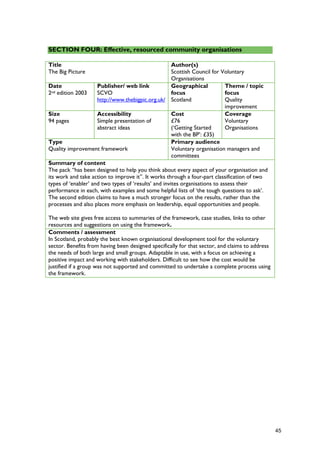 SECTION FOUR: Effective, resourced community organisations
Title
The Big Picture
Author(s)
Scottish Council for Voluntary
Organisations
Date
2nd edition 2003
Publisher/ web link
SCVO
http://www.thebigpic.org.uk/
Geographical
focus
Scotland
Theme / topic
focus
Quality
improvement
Size
94 pages
Accessibility
Simple presentation of
abstract ideas
Cost
£76
(‘Getting Started
with the BP’: £35)
Coverage
Voluntary
Organisations
Type
Quality improvement framework
Primary audience
Voluntary organisation managers and
committees
Summary of content
The pack “has been designed to help you think about every aspect of your organisation and
its work and take action to improve it”. It works through a four-part classification of two
types of ‘enabler’ and two types of ‘results’ and invites organisations to assess their
performance in each, with examples and some helpful lists of ‘the tough questions to ask’.
The second edition claims to have a much stronger focus on the results, rather than the
processes and also places more emphasis on leadership, equal opportunities and people.
The web site gives free access to summaries of the framework, case studies, links to other
resources and suggestions on using the framework.
Comments / assessment
In Scotland, probably the best known organisational development tool for the voluntary
sector. Benefits from having been designed specifically for that sector, and claims to address
the needs of both large and small groups. Adaptable in use, with a focus on achieving a
positive impact and working with stakeholders. Difficult to see how the cost would be
justified if a group was not supported and committed to undertake a complete process using
the framework.
45
 