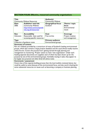 SECTION FOUR: Effective, resourced community organisations
Title
Community Webnet Resources
Author(s)
Community Webnet
Date
2006
Publisher/ web link
Community Webnet
http://www.communityweb
net.org.uk/resources/
Geographical focus
Scotland
Theme / topic
focus
Environmental
issues
Size
Unknown
Accessibility
Reasonable –best used for
accessing specific resources
Cost
Free on-line
Coverage
Project creation
and management
Type
Collection of guidance notes
Primary audience
Environmental groups
Summary of content
Part of a website provided by a consortium of many of Scotland’s leading environmental
groups, which also contains a large projects database and the usual almost totally inactive
online forums. Covers the process from ‘getting started through planning and
management to monitoring. ‘Project’ seems to mean ‘new organisation’. Under each
heading separate documents are supplied, each of which has been drawn up for the
purpose by one of the environmental groups. Inevitably varying in style, they appear to
be largely very practical and often fairly full advice notes
Comments / assessment
Covers less of the capacity building process than the local toolkits reviewed above, but
could be useful to some because of the environmental focus, and also worth checking for
some substantial resources on issues such as becoming a company or business planning.
46
 