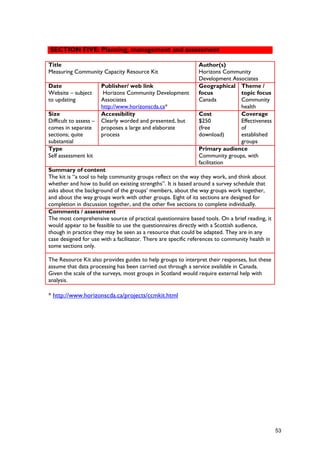 SECTION FIVE: Planning, management and assessment
Title
Measuring Community Capacity Resource Kit
Author(s)
Horizons Community
Development Associates
Date
Website – subject
to updating
Publisher/ web link
Horizons Community Development
Associates
http://www.horizonscda.ca*
Geographical
focus
Canada
Theme /
topic focus
Community
health
Size
Difficult to assess –
comes in separate
sections; quite
substantial
Accessibility
Clearly worded and presented, but
proposes a large and elaborate
process
Cost
$250
(free
download)
Coverage
Effectiveness
of
established
groups
Type
Self assessment kit
Primary audience
Community groups, with
facilitation
Summary of content
The kit is “a tool to help community groups reflect on the way they work, and think about
whether and how to build on existing strengths”. It is based around a survey schedule that
asks about the background of the groups’ members, about the way groups work together,
and about the way groups work with other groups. Eight of its sections are designed for
completion in discussion together, and the other five sections to complete individually.
Comments / assessment
The most comprehensive source of practical questionnaire based tools. On a brief reading, it
would appear to be feasible to use the questionnaires directly with a Scottish audience,
though in practice they may be seen as a resource that could be adapted. They are in any
case designed for use with a facilitator. There are specific references to community health in
some sections only.
The Resource Kit also provides guides to help groups to interpret their responses, but these
assume that data processing has been carried out through a service available in Canada.
Given the scale of the surveys, most groups in Scotland would require external help with
analysis.
* http://www.horizonscda.ca/projects/ccmkit.html
53
 