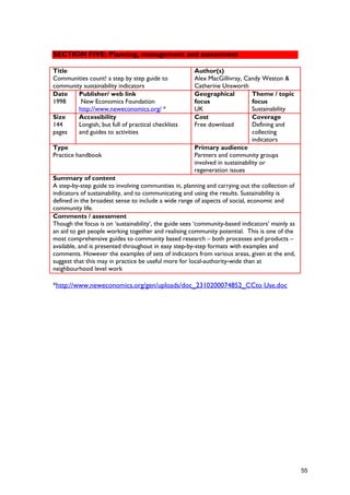 SECTION FIVE: Planning, management and assessment
Title
Communities count! a step by step guide to
community sustainability indicators
Author(s)
Alex MacGillivray, Candy Weston &
Catherine Unsworth
Date
1998
Publisher/ web link
New Economics Foundation
http://www.neweconomics.org/ *
Geographical
focus
UK
Theme / topic
focus
Sustainability
Size
144
pages
Accessibility
Longish, but full of practical checklists
and guides to activities
Cost
Free download
Coverage
Defining and
collecting
indicators
Type
Practice handbook
Primary audience
Partners and community groups
involved in sustainability or
regeneration issues
Summary of content
A step-by-step guide to involving communities in, planning and carrying out the collection of
indicators of sustainability, and to communicating and using the results. Sustainability is
defined in the broadest sense to include a wide range of aspects of social, economic and
community life.
Comments / assessment
Though the focus is on ‘sustainability’, the guide sees ‘community-based indicators’ mainly as
an aid to get people working together and realising community potential. This is one of the
most comprehensive guides to community based research – both processes and products –
available, and is presented throughout in easy step-by-step formats with examples and
comments. However the examples of sets of indicators from various areas, given at the end,
suggest that this may in practice be useful more for local-authority-wide than at
neighbourhood level work
*http://www.neweconomics.org/gen/uploads/doc_2310200074852_CCto Use.doc
55
 
