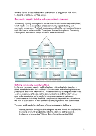 effective if there is sustained attention to the means of engagement with public
bodies and of facilitating self-help action.
Community capacity building and community development
Community capacity building should not be confused with community development,
which may be seen as the product of both community capacity building and
community engagement. This leads to strengthened, healthy communities which are
equitable, liveable and sustainable. The diagram from Achieving Better Community
Development, reproduced below, illustrates these relationships:
Defining community capacity building
In the past, community capacity building has been criticised as being based on a
deficit model of the skills and confidence of communities, and as leading at times to
prescriptive, ‘top-down’ interventions. We believe capacity building should be based
on an understanding of the assets that communities have, and that interventions
need to be participative and grounded in community needs and aspirations.
Community capacity building should be complemented by parallel work to enhance
the skills of public bodies in their partnerships and programmes with communities.
The most widely used short definition of community capacity building is:
‘Activities, resources and support that strengthen the skills, abilities and confidence of
people and community groups to take effective action and leading roles in the
development of communities.’ (Skinner Strengthening Communities 2006)
Liveable Sustainable Equitable
A shared
wealth
A caring
community
A safe
community
A creative
community
A citizens’
community
QUALITY OF COMMUNITY LIFE DIMENSIONS
STRENGTHENED COMMUNITY
Positive action Community
organisation
COMMUNITY EMPOWERMENT DIMENSIONS
Personal
Empowerment
A Healthy
Community
Participation &
involvement
3
 