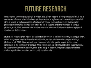In researching community building,it is evident a lot of new research is being conducted.This is not a
new subject of research,but it has been gaining attention in higher education over the past decade.In
2012,a summit of higher education ofﬁcials,architects and campus planners met to discuss the
principles of community and how they affect the life of students and other members of campus
(Rullman,et.al.,2012).However,little to no research has been speciﬁcally dedicated to the physical
structures of student unions.
Studies and research often include the student union,but not as an individual entity on campus.Often,
unions are grouped together in studies with libraries,residence halls or other campus buildings
(Rullman,et.al.,2012).More research must be conducted on the speciﬁc ways a student union
contributes to the community of campus.While entities that are often housed within student unions,
i.e.student involvement in activities,there is still a gap in research.The physical space offered to
student organizations by unions has not really been looked at.
Future Research
 