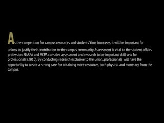 As the competition for campus resources and students’time increases,it will be important for
unions to justify their contribution to the campus community.Assessment is vital to the student affairs
profession.NASPA and ACPA consider assessment and research to be important skill sets for
professionals (2010).By conducting research exclusive to the union,professionals will have the
opportunity to create a strong case for obtaining more resources,both physical and monetary,from the
campus.
 
 