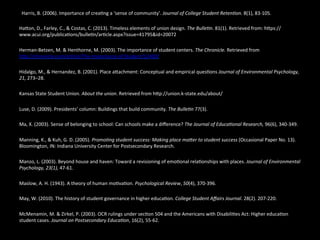  	
  Harris,	
  B.	
  (2006).	
  Importance	
  of	
  crea@ng	
  a	
  ‘sense	
  of	
  community’.	
  Journal	
  of	
  College	
  Student	
  Reten(on.	
  8(1),	
  83-­‐105.	
  	
  
	
  	
  
HaEon,	
  D.,	
  Farley,	
  C.,	
  &	
  Costas,	
  C.	
  (2013).	
  Timeless	
  elements	
  of	
  union	
  design.	
  The	
  Bulle(n.	
  81(1).	
  Retrieved	
  from:	
  hEps://
www.acui.org/publica@ons/bulle@n/ar@cle.aspx?issue=41795&id=20072	
  
	
  	
  
Herman-­‐Betzen,	
  M.	
  &	
  Henthorne,	
  M.	
  (2003).	
  The	
  importance	
  of	
  student	
  centers.	
  The	
  Chronicle.	
  Retrieved	
  from	
  
hEp://chronicle.com/ar@cle/The-­‐Importance-­‐of-­‐Student/12400/	
  
	
  	
  
Hidalgo,	
  M.,	
  &	
  Hernandez,	
  B.	
  (2001).	
  Place	
  aEachment:	
  Conceptual	
  and	
  empirical	
  ques@ons	
  Journal	
  of	
  Environmental	
  Psychology,	
  
21,	
  273–28.	
  
	
  	
  
Kansas	
  State	
  Student	
  Union.	
  About	
  the	
  union.	
  Retrieved	
  from	
  hEp://union.k-­‐state.edu/about/	
  
	
  	
  
Luse,	
  D.	
  (2009).	
  Presidents’	
  column:	
  Buildings	
  that	
  build	
  community.	
  The	
  Bulle(n	
  77(3).	
  	
  
	
  	
  
Ma,	
  X.	
  (2003).	
  Sense	
  of	
  belonging	
  to	
  school:	
  Can	
  schools	
  make	
  a	
  diﬀerence?	
  The	
  Journal	
  of	
  Educa(onal	
  Research,	
  96(6),	
  340-­‐349.	
  
	
  	
  
Manning,	
  K.,	
  &	
  Kuh,	
  G.	
  D.	
  (2005).	
  Promo(ng	
  student	
  success:	
  Making	
  place	
  maRer	
  to	
  student	
  success	
  (Occasional	
  Paper	
  No.	
  13).	
  
Bloomington,	
  IN:	
  Indiana	
  University	
  Center	
  for	
  Postsecondary	
  Research.	
  
	
  	
  
Manzo,	
  L.	
  (2003).	
  Beyond	
  house	
  and	
  haven:	
  Toward	
  a	
  revisioning	
  of	
  emo@onal	
  rela@onships	
  with	
  places.	
  Journal	
  of	
  Environmental	
  
Psychology,	
  23(1),	
  47-­‐61.	
  
	
  	
  
Maslow,	
  A.	
  H.	
  (1943).	
  A	
  theory	
  of	
  human	
  mo@va@on.	
  Psychological	
  Review,	
  50(4),	
  370-­‐396.	
  
	
  	
  
May,	
  W.	
  (2010).	
  The	
  history	
  of	
  student	
  governance	
  in	
  higher	
  educa@on.	
  College	
  Student	
  Aﬀairs	
  Journal.	
  28(2).	
  207-­‐220.	
  	
  
	
  	
  
McMenamin,	
  M.	
  &	
  Zirkel,	
  P.	
  (2003).	
  OCR	
  rulings	
  under	
  sec@on	
  504	
  and	
  the	
  Americans	
  with	
  Disabili@es	
  Act:	
  Higher	
  educa@on	
  
student	
  cases.	
  Journal	
  on	
  Postsecondary	
  Educa(on,	
  16(2),	
  55-­‐62.	
  
	
  	
  
 