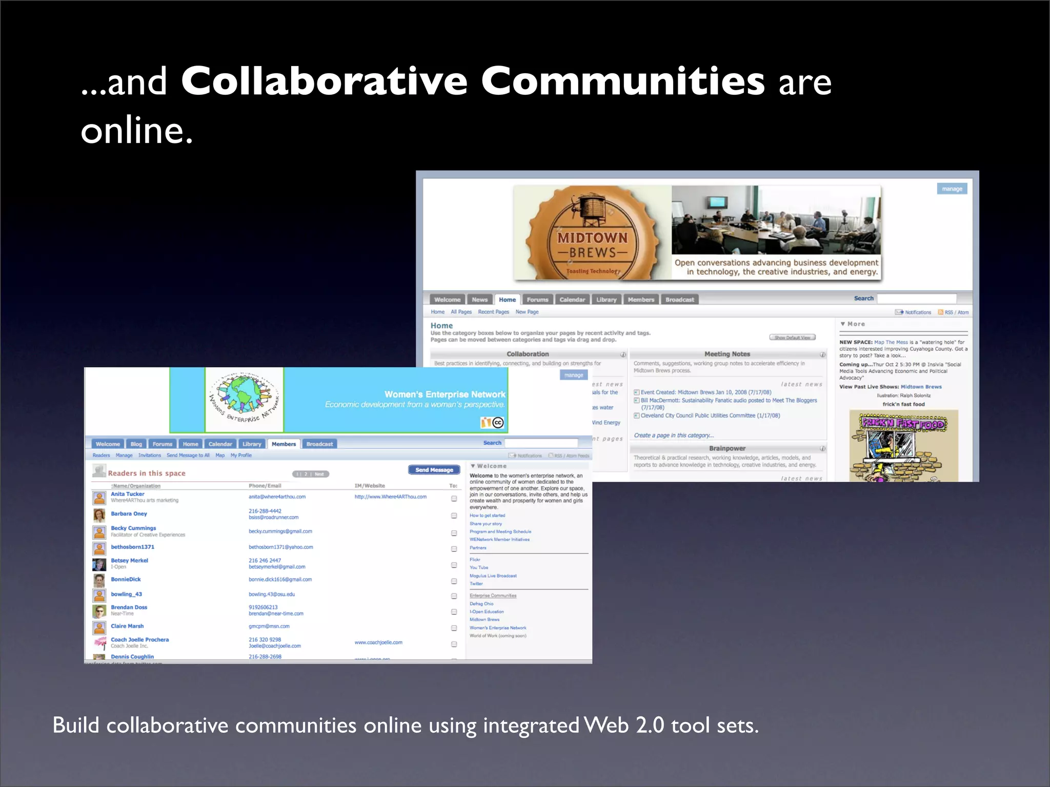 ...and Collaborative Communities are
  online.




Build collaborative communities online using integrated Web 2.0 tool sets.
 