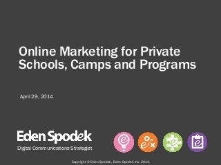 Online Marketing for Private
Schools, Camps and Programs
Digital Communications Strategist
April 29, 2014
Copyright © Eden Spodek, Eden Spodek Inc. 2014.
 