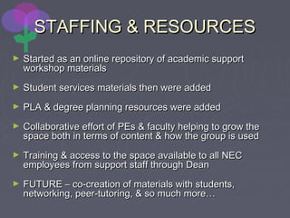 STAFFING & RESOURCESSTAFFING & RESOURCES
► Started as an online repository of academic supportStarted as an online repository of academic support
workshop materialsworkshop materials
► Student services materials then were addedStudent services materials then were added
► PLA & degree planning resources were addedPLA & degree planning resources were added
► Collaborative effort of PEs & faculty helping to grow theCollaborative effort of PEs & faculty helping to grow the
space both in terms of content & how the group is usedspace both in terms of content & how the group is used
► Training & access to the space available to all NECTraining & access to the space available to all NEC
employees from support staff through Deanemployees from support staff through Dean
► FUTURE – co-creation of materials with students,FUTURE – co-creation of materials with students,
networking, peer-tutoring, & so much more…networking, peer-tutoring, & so much more…
 