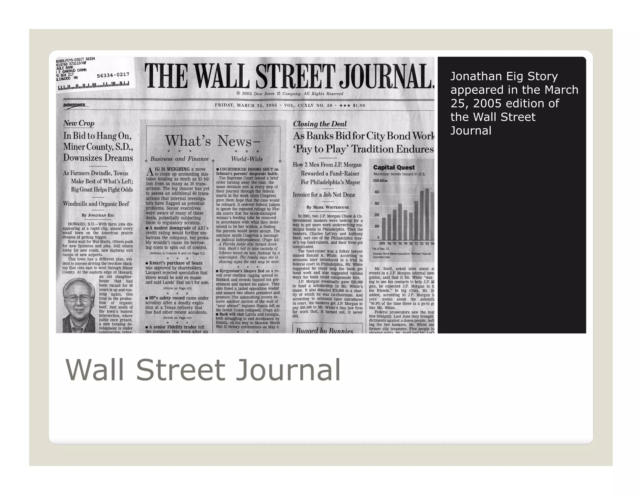 Jonathan Eig Story
                      appeared in the March
                      25, 2005 edition of
                      the Wall Street
                      Journal




Wall Street Journal
 