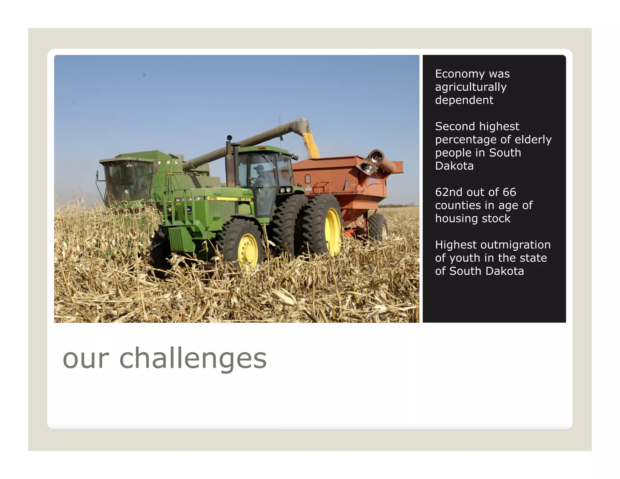 Economy was
                 agriculturally
                 dependent

                 Second highest
                 percentage of elderly
                 people in South
                 Dakota

                 62nd out of 66
                 counties in age of
                 housing stock

                 Highest outmigration
                 of youth in the state
                 of South Dakota




our challenges
 