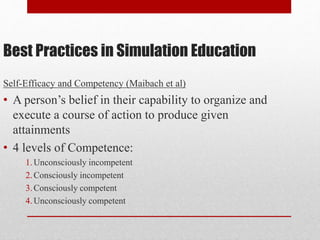 Best Practices in Simulation Education
Self-Efficacy and Competency (Maibach et al)
• A person’s belief in their capability to organize and
execute a course of action to produce given
attainments
• 4 levels of Competence:
1.Unconsciously incompetent
2.Consciously incompetent
3.Consciously competent
4.Unconsciously competent
 