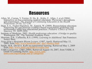 Resources
Allen, M., Curran, V. Ferrier, D. Ho, K., Kirby, F., Allen, J. et al (2004).
Interactive on-line continuing medical education: Physician’s perceptions
and experiences. The Journal of Continuing Education in the Health
Professions 24 (4): 227-236.
Hunt, E.A., Fiedor-Hamilton, M., Eppich, W. (2008). Resuscitation education:
Narrowing the gap between evidence-based resuscitation guidelines and
performance using best educational practices. Pediatric Clinics of North
America. 55: 1035-1050.
Institute of Medicine. 2003. Health professions education: A bridge to quality.
Washington, DC: The National Academy Press.
Merriam, S.B., Caffarella, R.S. (1999). Learning in Adulthood. San Fransisco:
Jossey Bass.
Notes from a Benjamin Bloom Lecture. (1987, April). Retrieved May 15,
2009, from http://www.humboldt.edu/~tha1/mastery.html
Smith, M.K. David A. Kolb on experiential learning. Retrieved May 1, 2009
from http://www.infed.org/biblio/b-explrn.htm
VARK Categories. (2001-2009). Retrieved August 10, 2007, from VARK-A
Guide to Learning Styles: http://www.vark-
learn.com/english/page.asp?p=categories
 