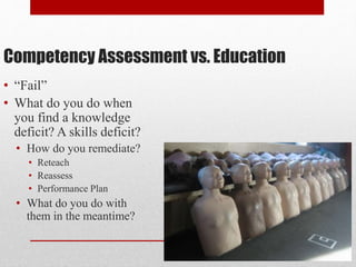Competency Assessment vs. Education
• “Fail”
• What do you do when
you find a knowledge
deficit? A skills deficit?
• How do you remediate?
• Reteach
• Reassess
• Performance Plan
• What do you do with
them in the meantime?
 