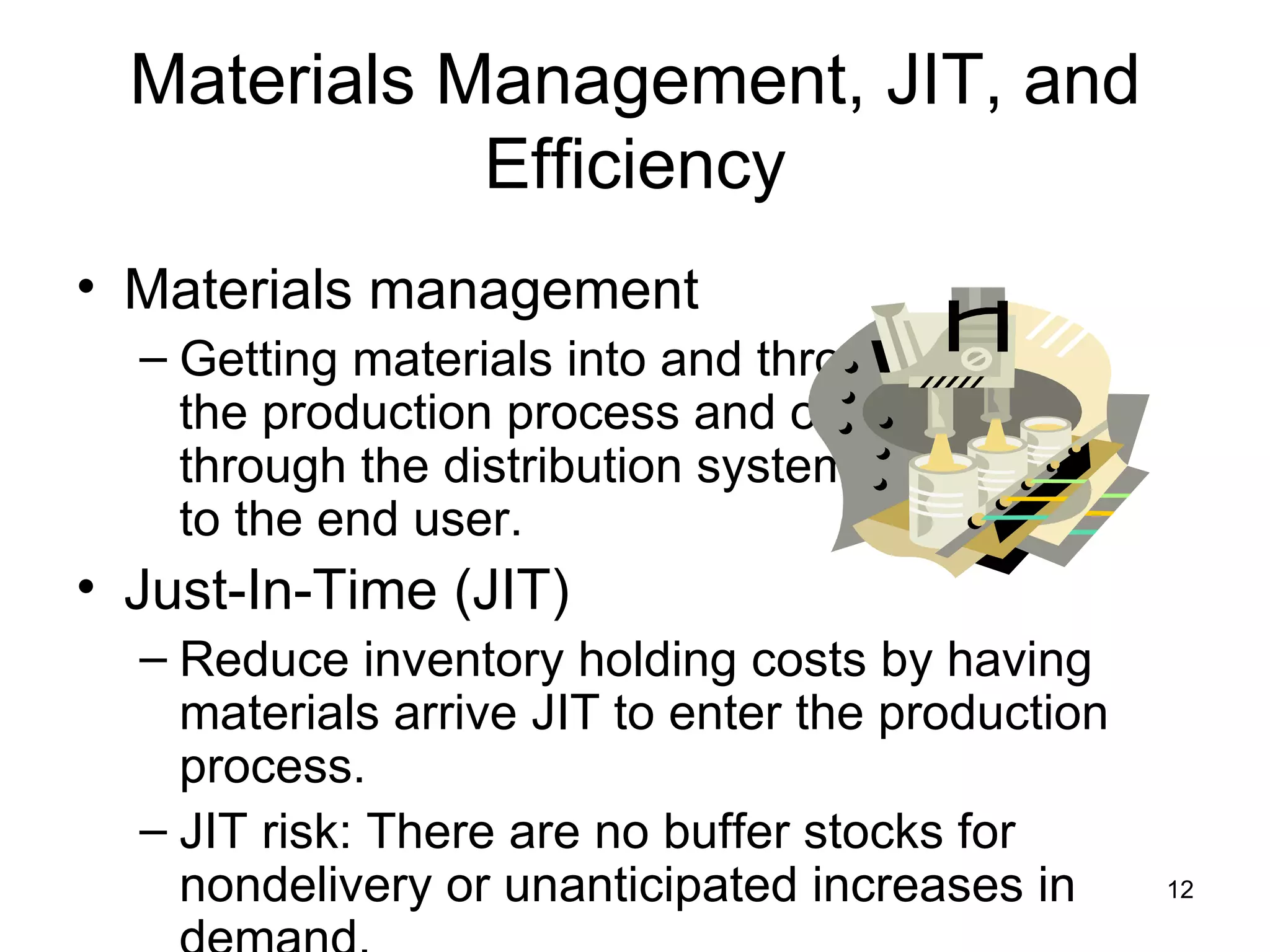 Materials Management, JIT, and Efficiency Materials management Getting materials into and through  the production process and out  through the distribution system  to the end user. Just-In-Time (JIT) Reduce inventory holding costs by having materials arrive JIT to enter the production process. JIT risk: There are no buffer stocks for nondelivery or unanticipated increases in demand. 
