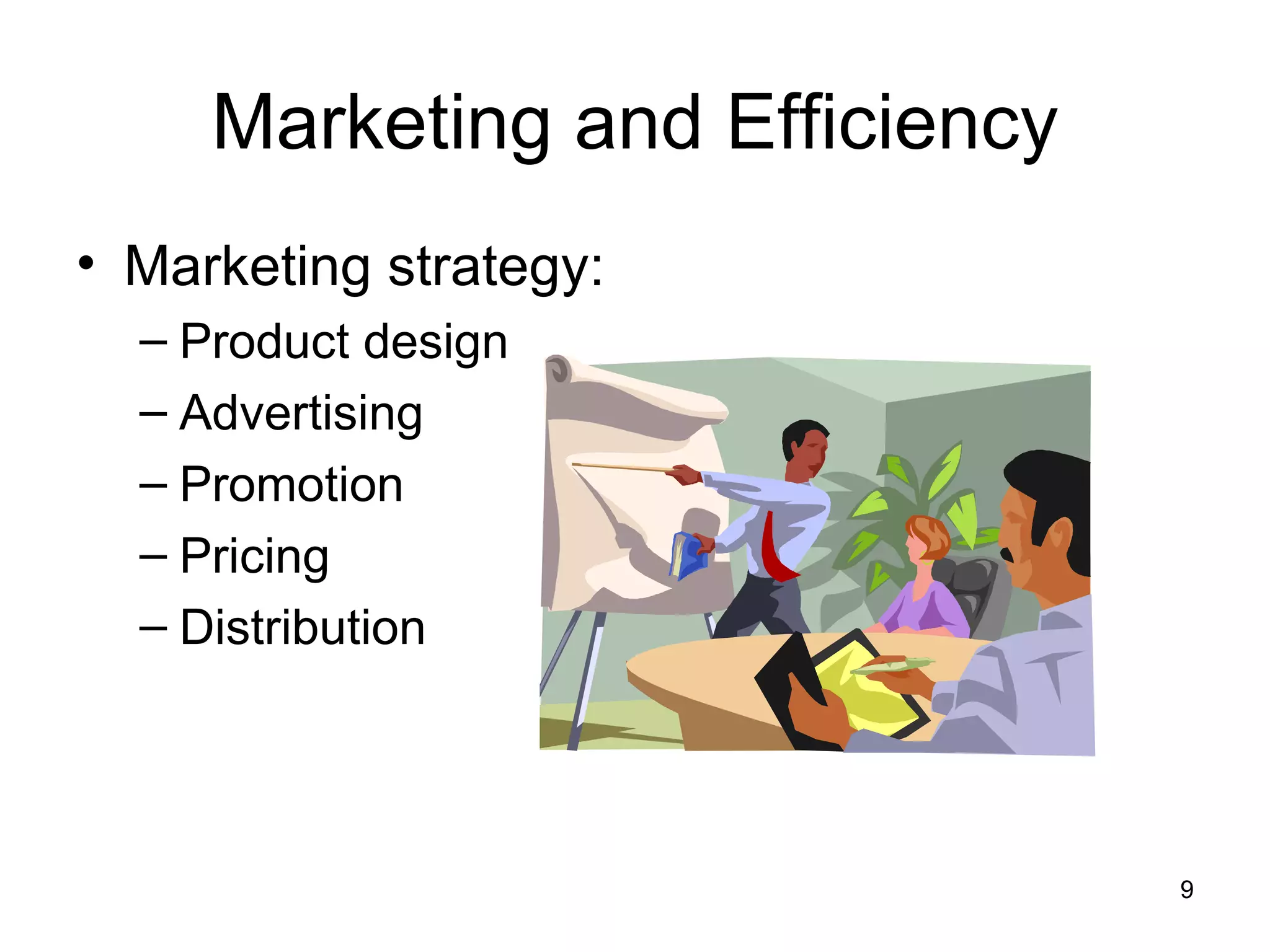 Marketing and Efficiency Marketing strategy: Product design Advertising Promotion Pricing Distribution 