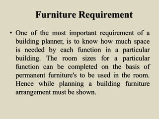 Furniture Requirement
• One of the most important requirement of a
building planner, is to know how much space
is needed by each function in a particular
building. The room sizes for a particular
function can be completed on the basis of
permanent furniture's to be used in the room.
Hence while planning a building furniture
arrangement must be shown.
 