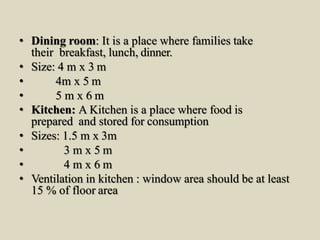 • Dining room: It is a place where families take
their breakfast, lunch, dinner.
• Size: 4 m x 3 m
• 4m x 5 m
• 5 m x 6 m
• Kitchen: A Kitchen is a place where food is
prepared and stored for consumption
• Sizes: 1.5 m x 3m
• 3 m x 5 m
• 4 m x 6 m
• Ventilation in kitchen : window area should be at least
15 % of floor area
 