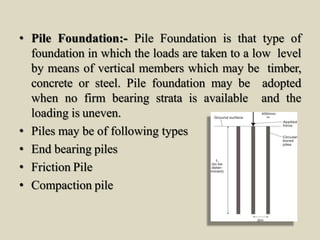 • Pile Foundation:- Pile Foundation is that type of
foundation in which the loads are taken to a low level
by means of vertical members which may be timber,
concrete or steel. Pile foundation may be adopted
when no firm bearing strata is available and the
loading is uneven.
• Piles may be of following types
• End bearing piles
• Friction Pile
• Compaction pile
 