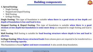 Building components
2024-10-26 Introduction to civil Engineering 12
1. Spread footing:
• Single Footing
• Stepped and sloped Footing
• Wall Footing
• Grillage Footing.
Single Footing: This type of foundation is suitable when there is a good strata at low depth and
depth of foundation is low and load is less.
Stepped Footing & Sloped Footing: This type of foundation is suitable when there is a good
stratum at low depth but foundation is some more deep as compared to single footing and load is
more.
Wall Footing: Wall footing is suitable for load bearing structure where depth is low and load is
also less.
Grillage Footing: When heavy structural loads from column piers are required to be transferred to a
soil of less bearing capacity.
This foundation is found lighter and more economical. It also avoids deep foundation.
 
