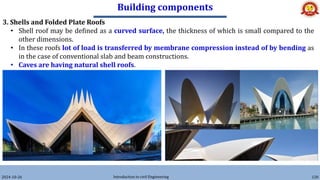 Building components
2024-10-26 Introduction to civil Engineering 120
3. Shells and Folded Plate Roofs
• Shell roof may be defined as a curved surface, the thickness of which is small compared to the
other dimensions.
• In these roofs lot of load is transferred by membrane compression instead of by bending as
in the case of conventional slab and beam constructions.
• Caves are having natural shell roofs.
 