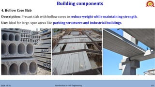 Building components
2024-10-26 Introduction to civil Engineering 153
4. Hollow Core Slab
Description: Precast slab with hollow cores to reduce weight while maintaining strength.
Use: Ideal for large-span areas like parking structures and industrial buildings.
 