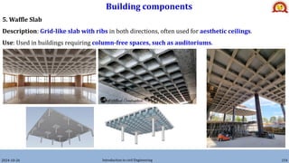 Building components
2024-10-26 Introduction to civil Engineering 154
5. Waffle Slab
Description: Grid-like slab with ribs in both directions, often used for aesthetic ceilings.
Use: Used in buildings requiring column-free spaces, such as auditoriums.
 