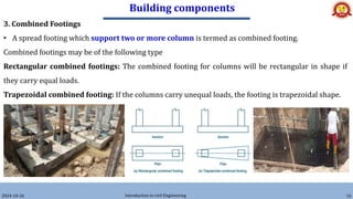 Building components
2024-10-26 Introduction to civil Engineering 16
3. Combined Footings
• A spread footing which support two or more column is termed as combined footing.
Combined footings may be of the following type
Rectangular combined footings: The combined footing for columns will be rectangular in shape if
they carry equal loads.
Trapezoidal combined footing: If the columns carry unequal loads, the footing is trapezoidal shape.
 