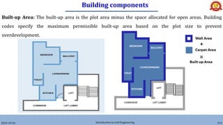 Building components
2024-10-26 Introduction to civil Engineering 214
Built-up Area: The built-up area is the plot area minus the space allocated for open areas. Building
codes specify the maximum permissible built-up area based on the plot size to prevent
overdevelopment.
 