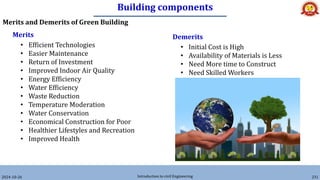 Building components
2024-10-26 Introduction to civil Engineering 231
Merits and Demerits of Green Building
Merits
• Efficient Technologies
• Easier Maintenance
• Return of Investment
• Improved Indoor Air Quality
• Energy Efficiency
• Water Efficiency
• Waste Reduction
• Temperature Moderation
• Water Conservation
• Economical Construction for Poor
• Healthier Lifestyles and Recreation
• Improved Health
Demerits
• Initial Cost is High
• Availability of Materials is Less
• Need More time to Construct
• Need Skilled Workers
 