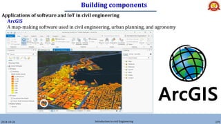 Building components
2024-10-26 Introduction to civil Engineering 239
Applications of software and IoT in civil engineering
ArcGIS
A map-making software used in civil engineering, urban planning, and agronomy
 