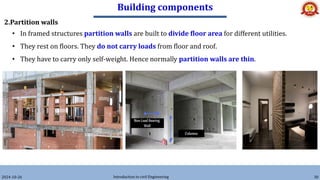 Building components
2024-10-26 Introduction to civil Engineering 30
2.Partition walls
• In framed structures partition walls are built to divide floor area for different utilities.
• They rest on floors. They do not carry loads from floor and roof.
• They have to carry only self-weight. Hence normally partition walls are thin.
 