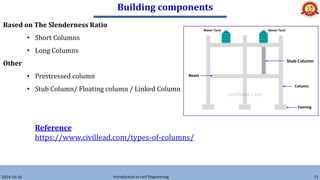 Building components
2024-10-26 Introduction to civil Engineering 71
Based on The Slenderness Ratio
• Short Columns
• Long Columns
Other
• Prestressed column
• Stub Column/ Floating column / Linked Column
Reference
https://www.civillead.com/types-of-columns/
 