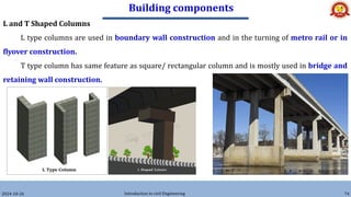 Building components
2024-10-26 Introduction to civil Engineering 74
L and T Shaped Columns
L type columns are used in boundary wall construction and in the turning of metro rail or in
flyover construction.
T type column has same feature as square/ rectangular column and is mostly used in bridge and
retaining wall construction.
 
